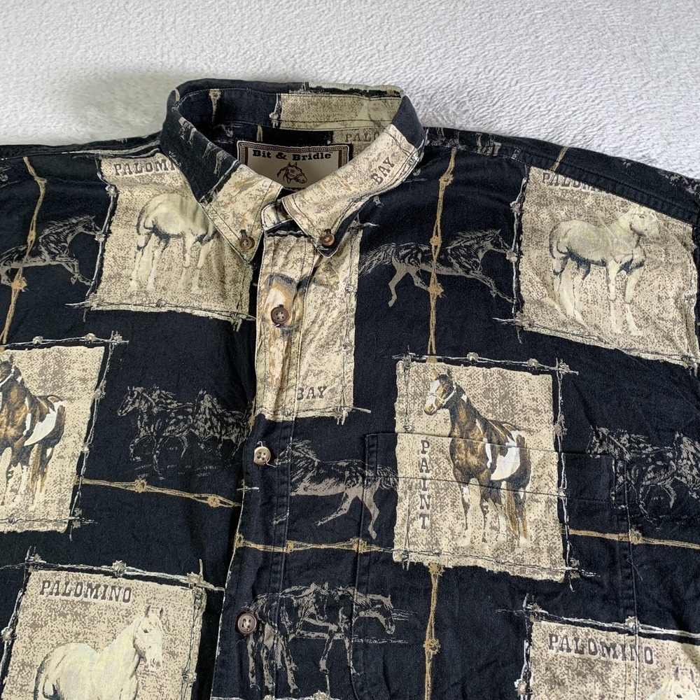 Bit & Bridle Shirt Mens Large Black Horse Western‎ Short Sleeve Button Front